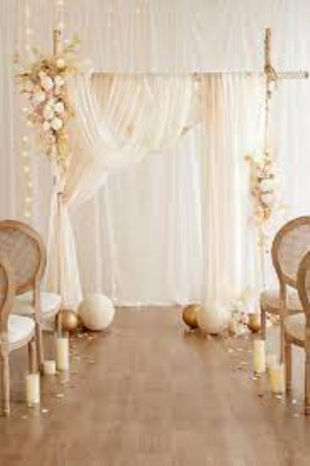 Rental store for flower arch decor beige w drapes in Southeastern Oklahoma